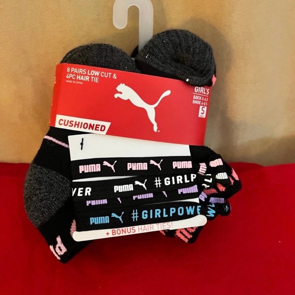 Puma Girls 8 Pack Low Cut Socks with Bonus 4 Count Hair Ties